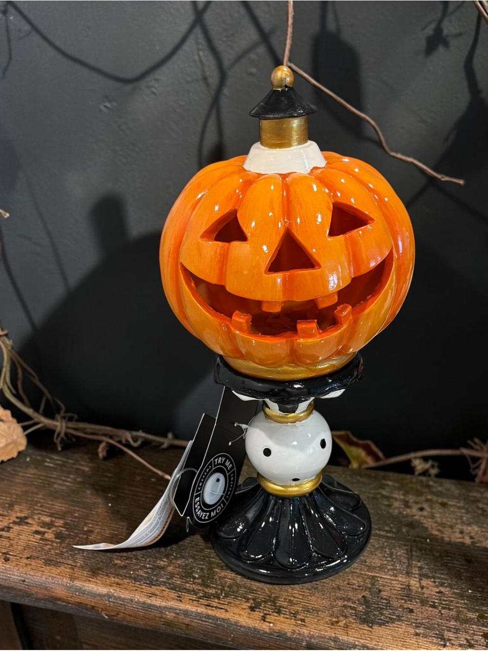 Makenzie child inspired Ceramic Jack-O'-Lantern Pedestal Decor - Orange & Black